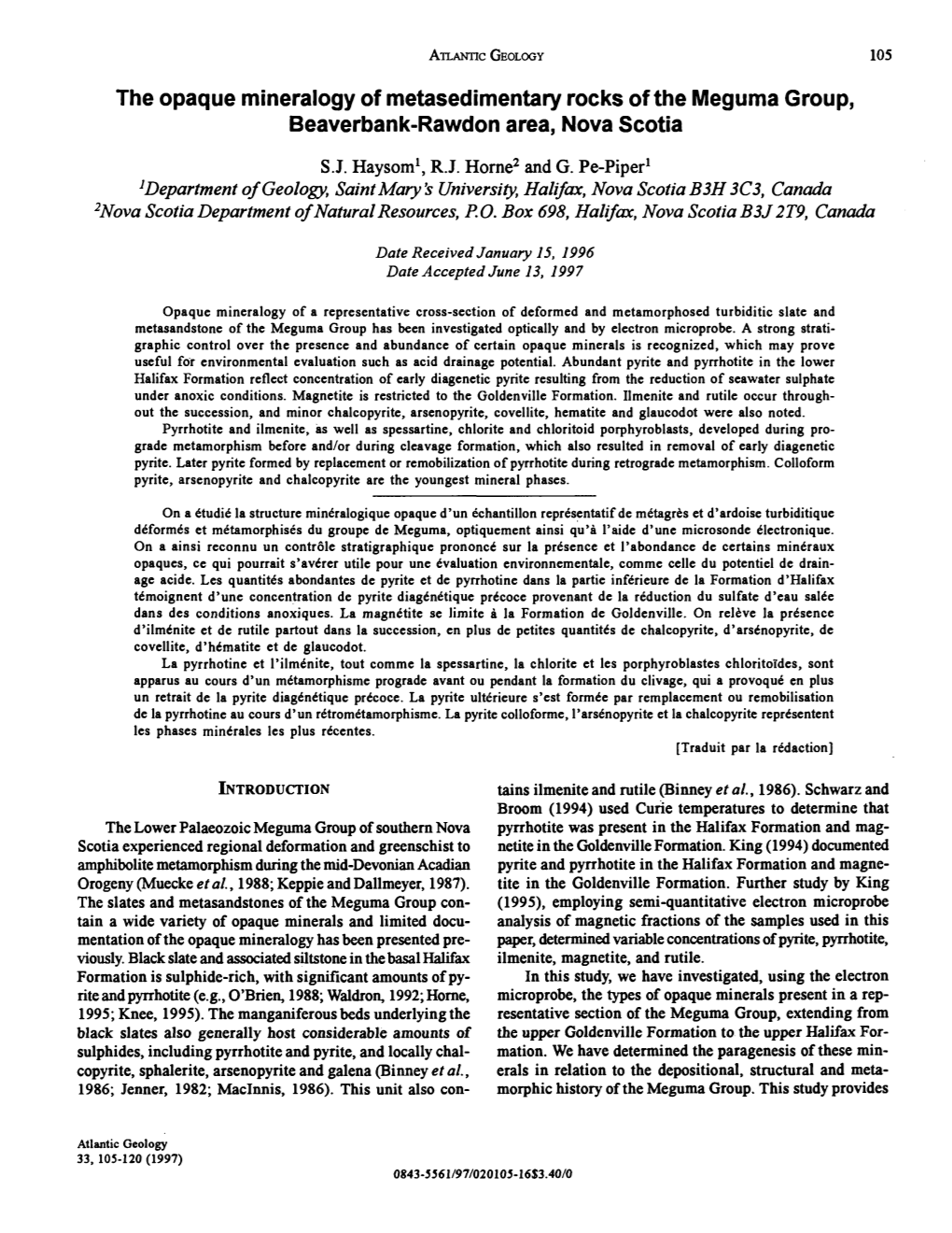 The Opaque Mineralogy of Metasedimentary Rocks of the Meguma Group, Beaverbank-Rawdon Area, Nova Scotia