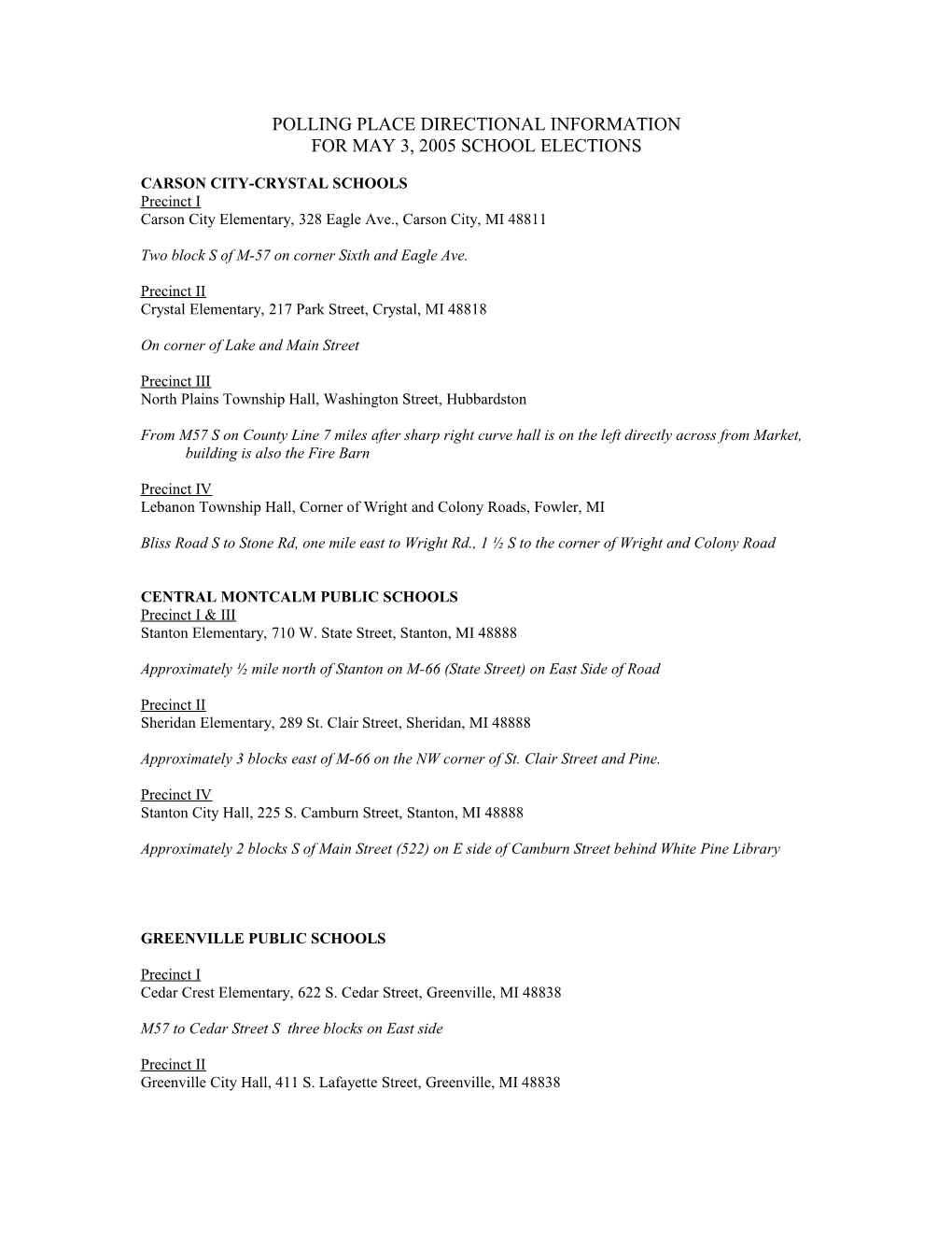 Polling Place Directional Information