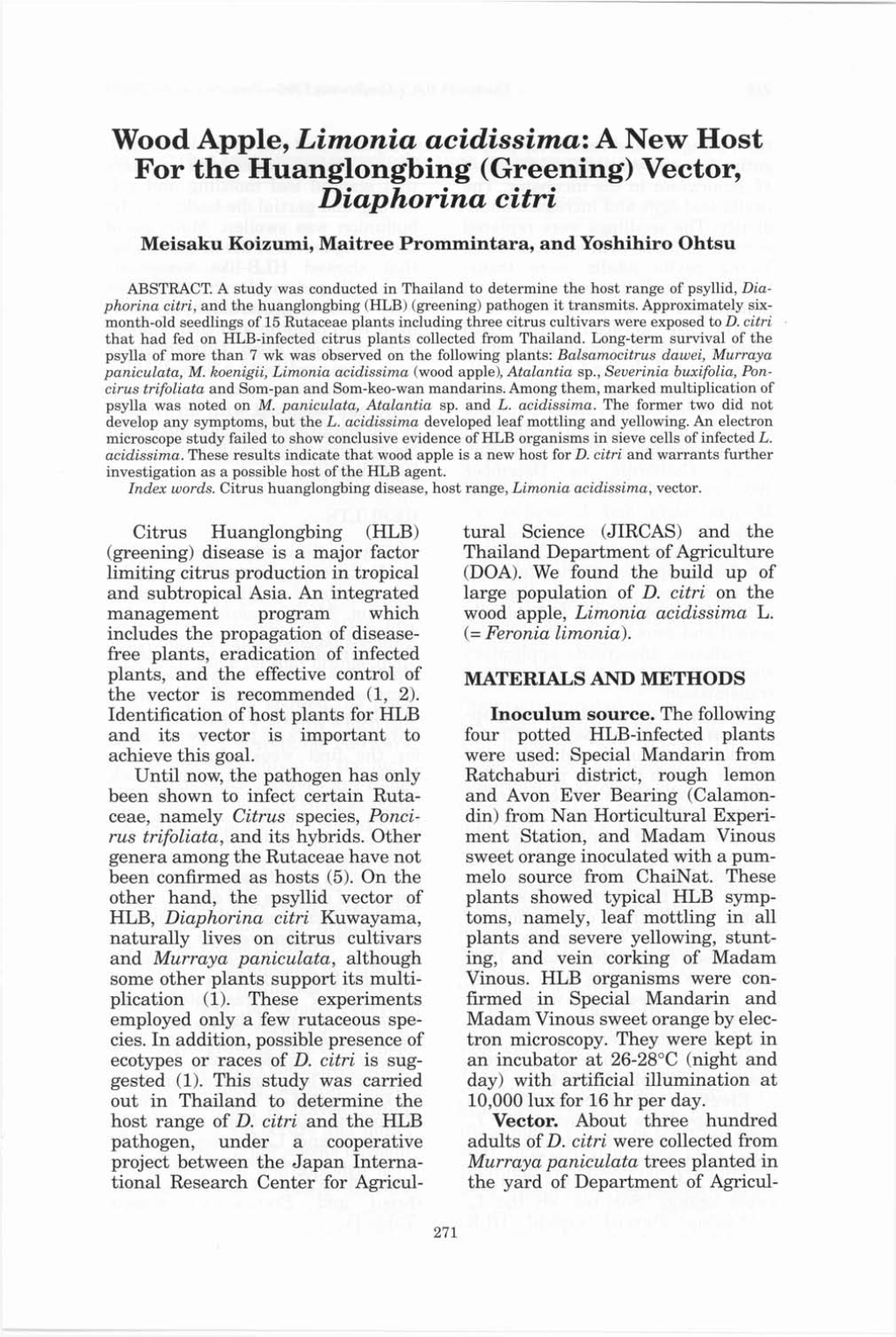 Wood Apple, Limonia Acidissima: a New Host for the Huanglongbing (Greening)Vector, Diaphorina Citri Meisaku Koizumi, Maitree Prommintara, and Yoshihiro Ohtsu