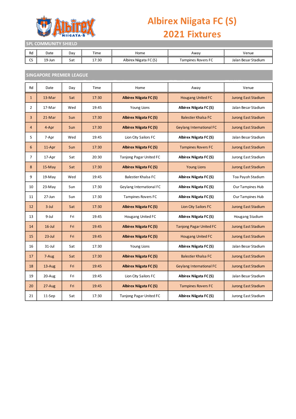 Albirex Niigata FC (S) 2021 Fixtures