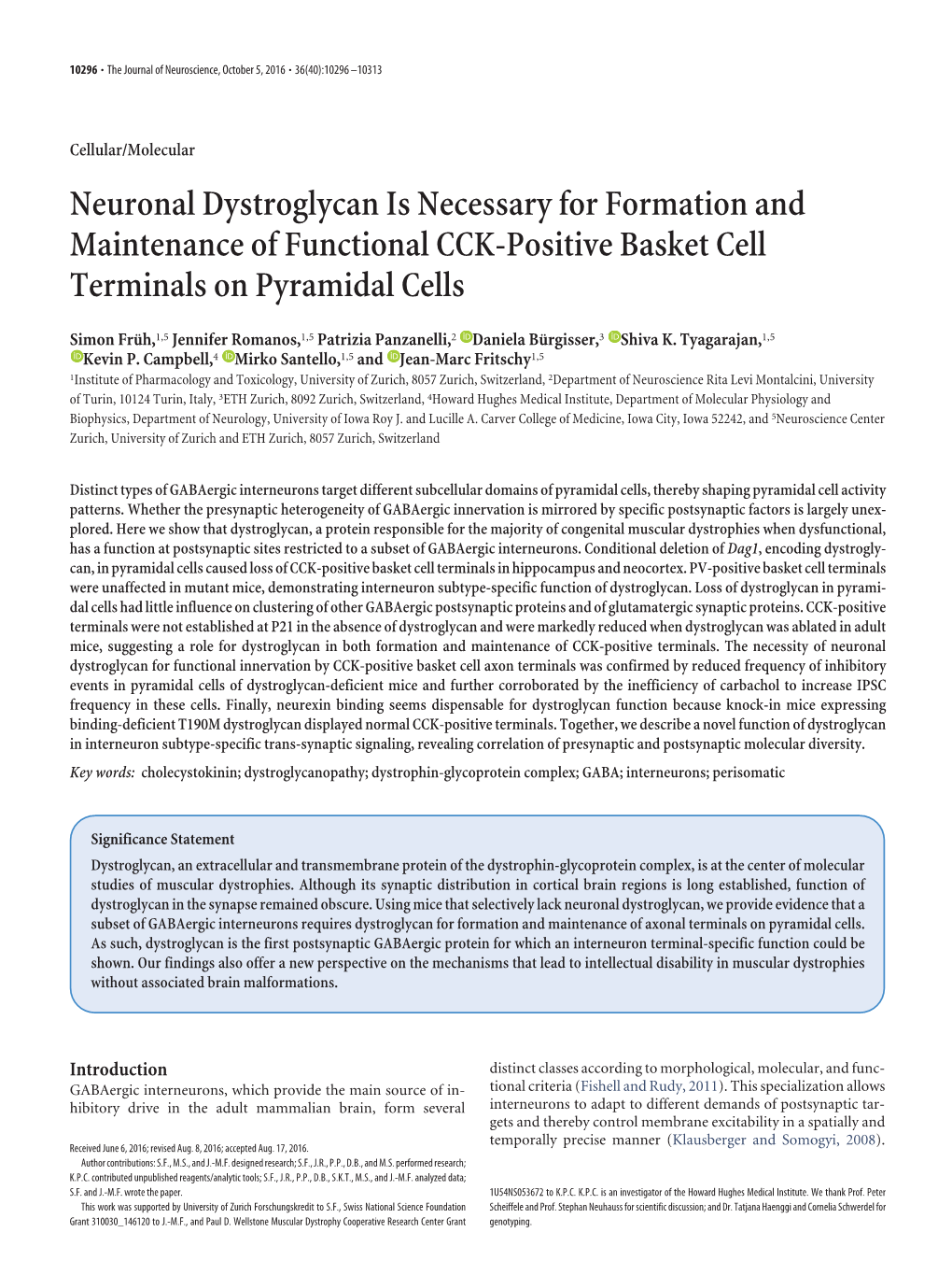 Neuronal Dystroglycan Is Necessary for Formation and Maintenance of Functional CCK-Positive Basket Cell Terminals on Pyramidal Cells