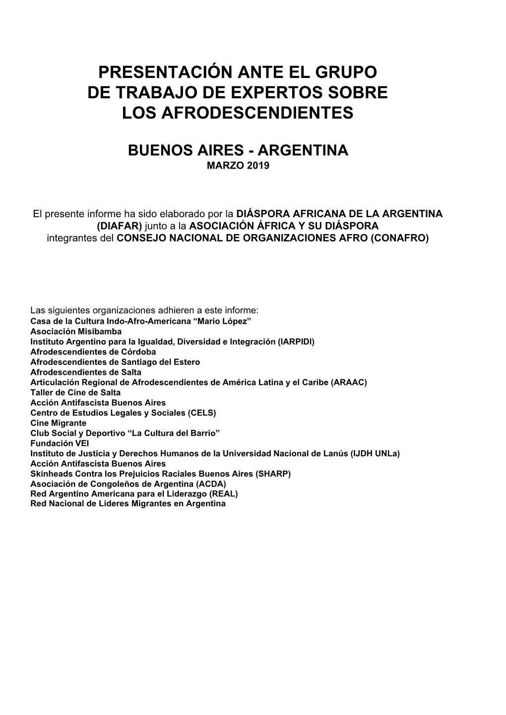 Presentación Ante El Grupo De Trabajo De Expertos Sobre Los Afrodescendientes