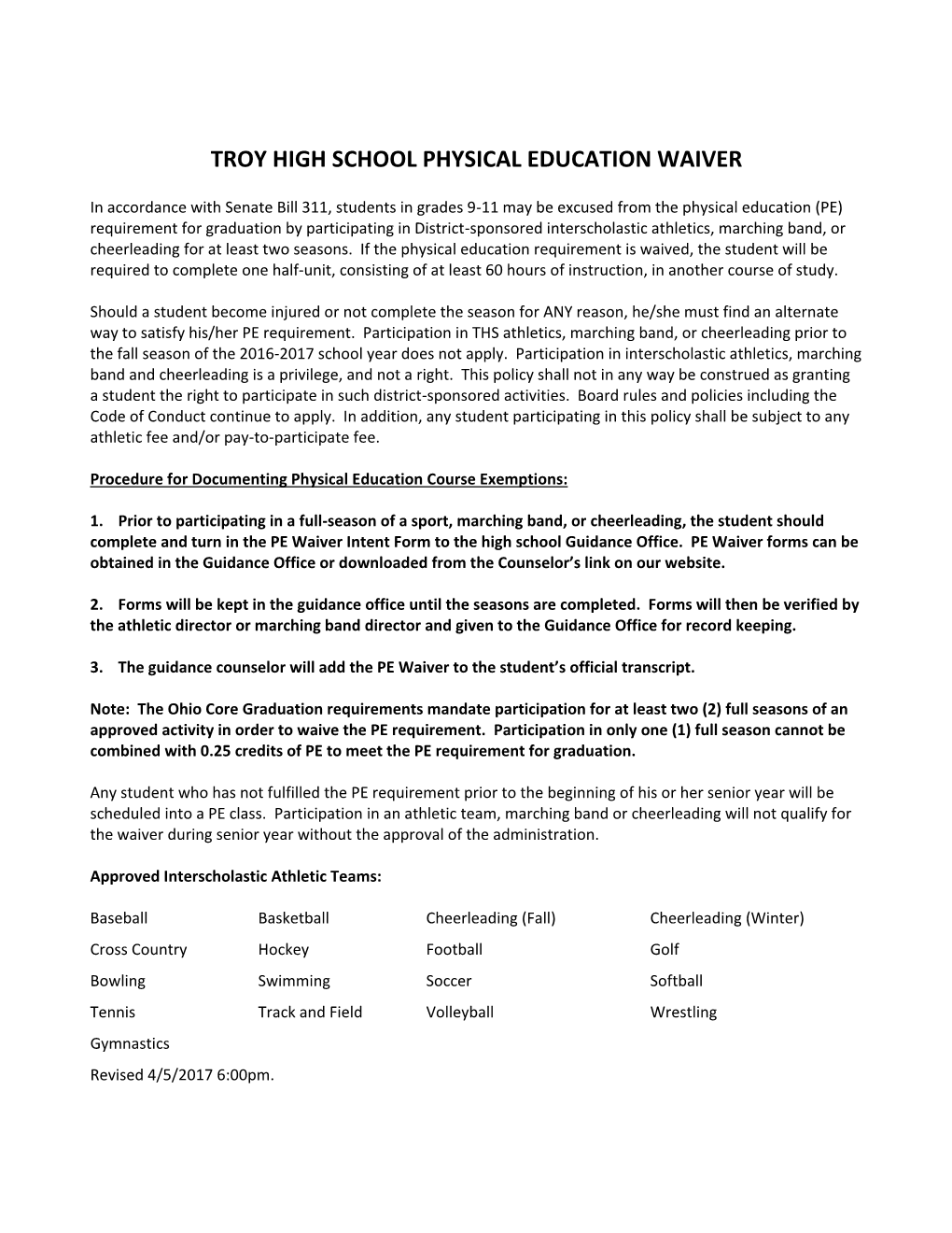 Troy High School Physical Education Waiver