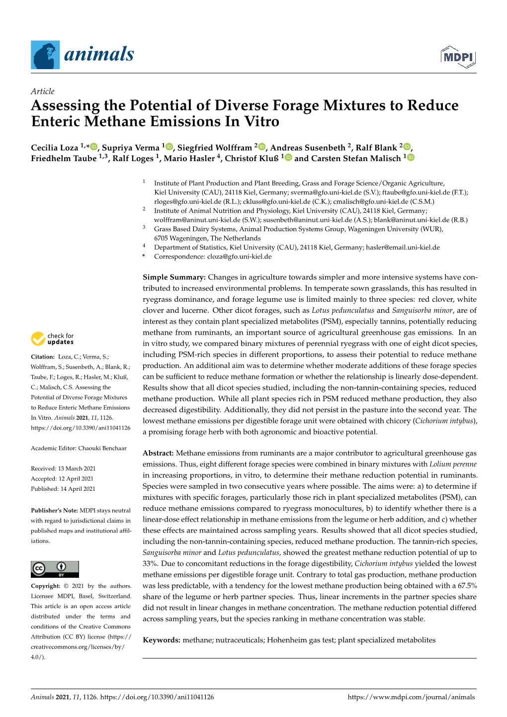 Assessing the Potential of Diverse Forage Mixtures to Reduce Enteric Methane Emissions in Vitro