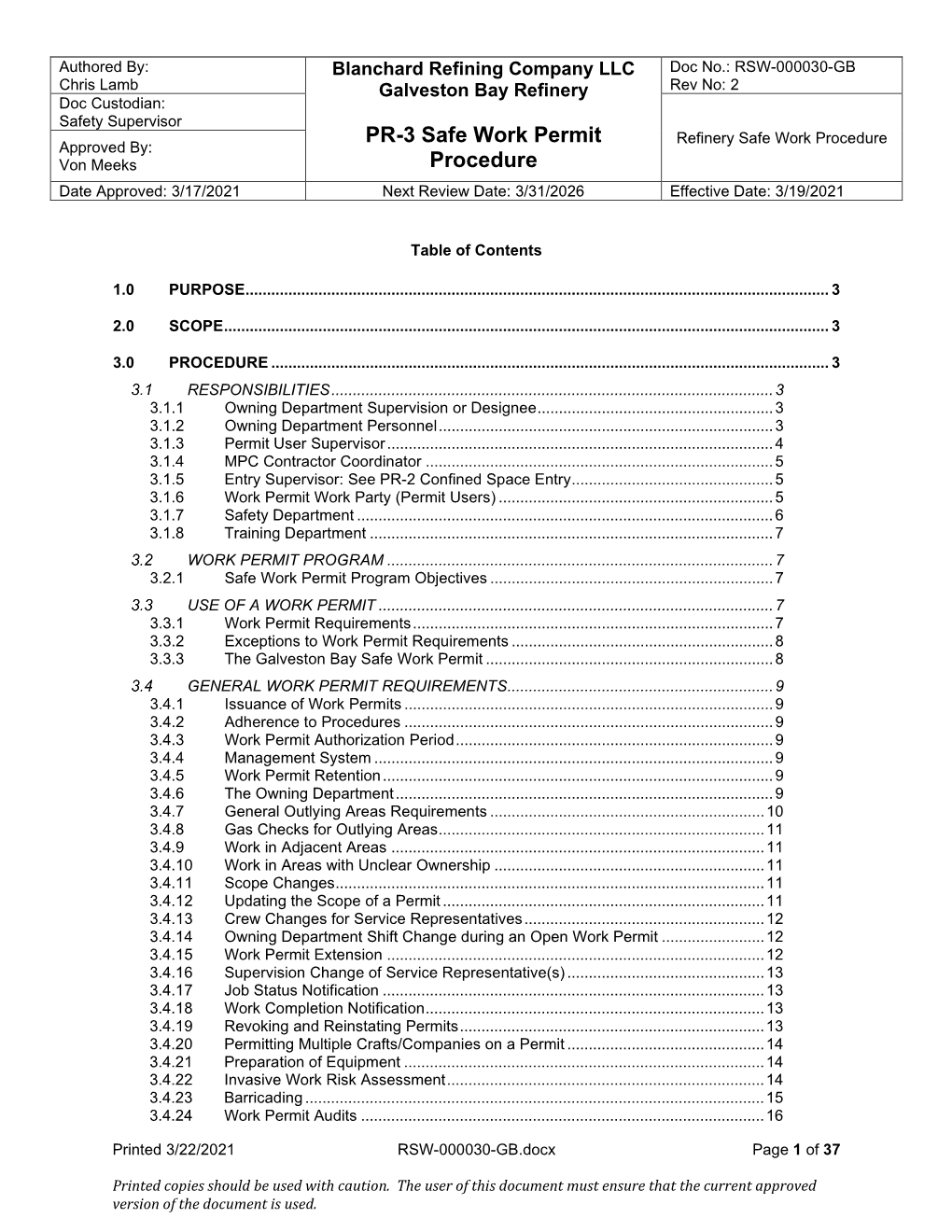 Safe Work Permit Procedure Doc Number: RSW-000030-GB Rev No: 2