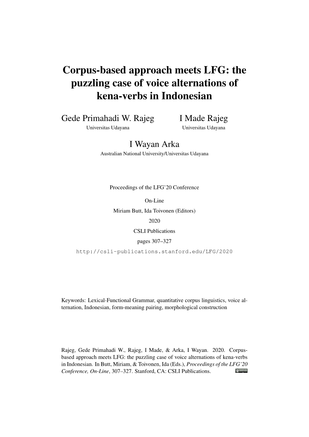 Corpus-Based Approach Meets LFG: the Puzzling Case of Voice Alternations of Kena-Verbs in Indonesian