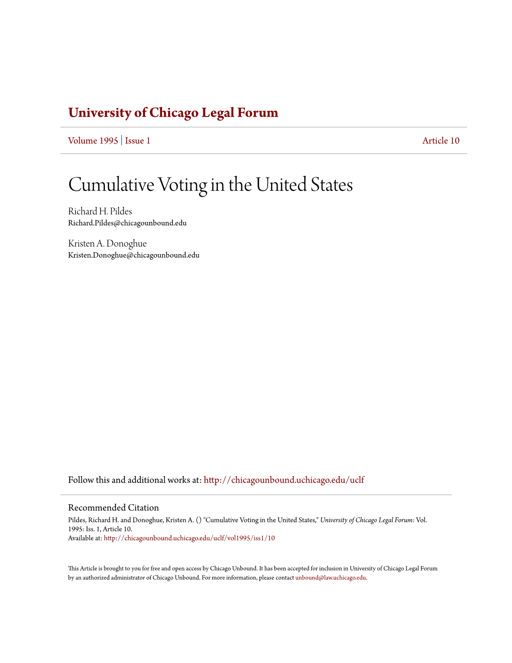 Cumulative Voting in the United States Richard H