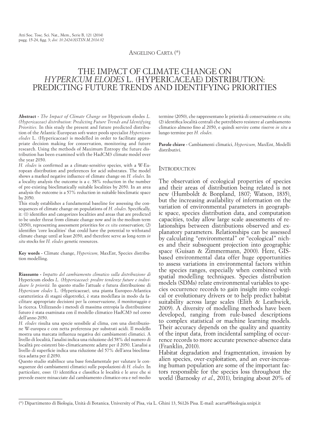 The Impact of Climate Change on Hypericum Elodes L