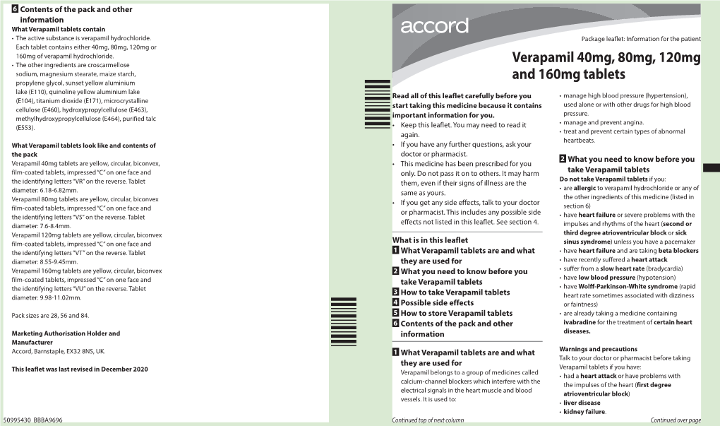 Verapamil 40Mg, 80Mg, 120Mg and 160Mg Tablets