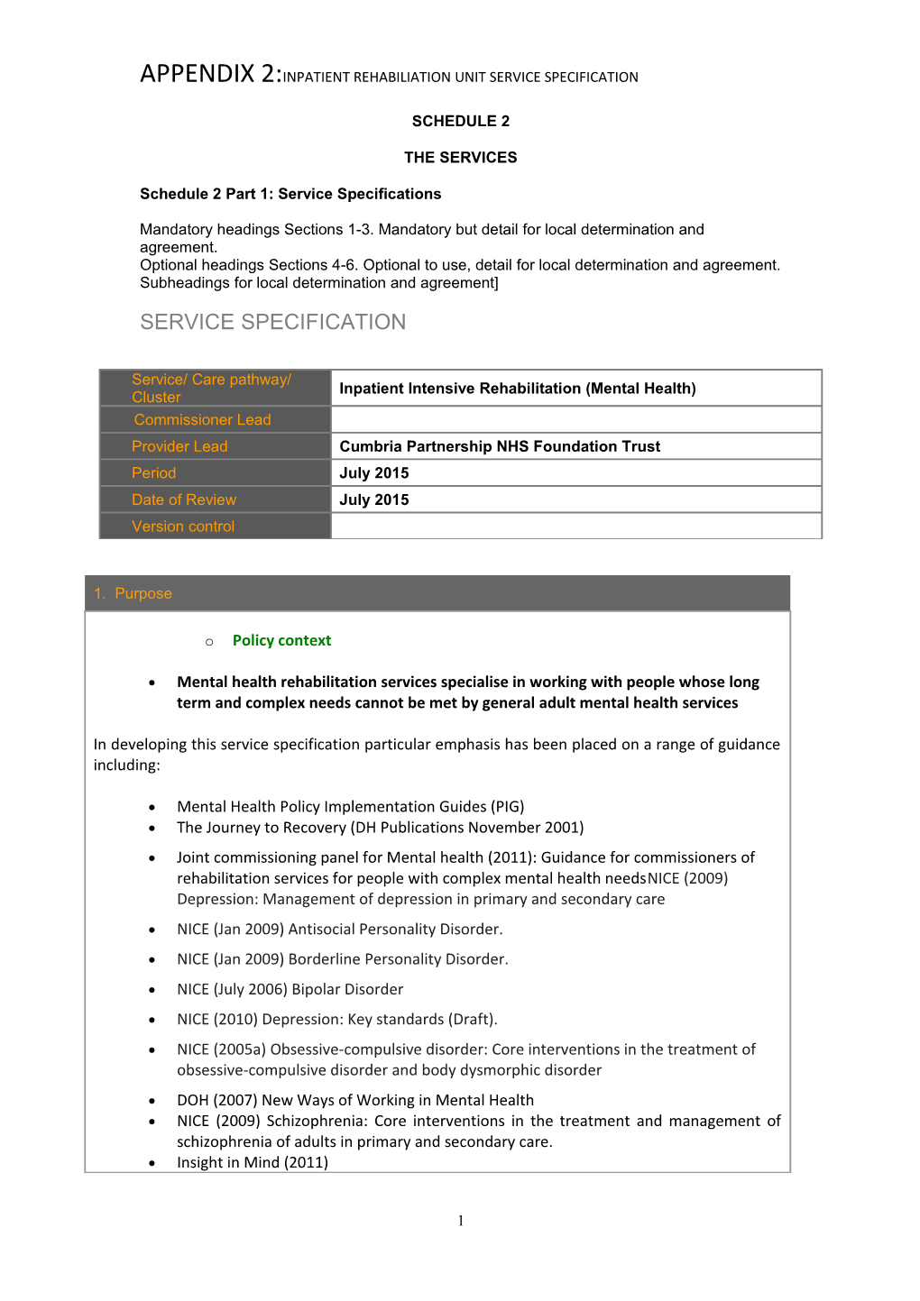 Schedule 2 Part 1: Service Specifications