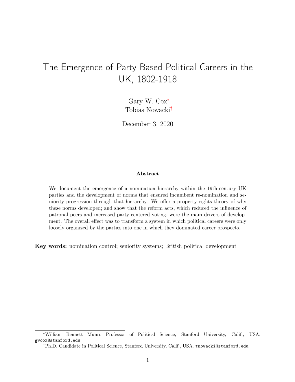 The Emergence of Party-Based Political Careers in the UK, 1802-1918