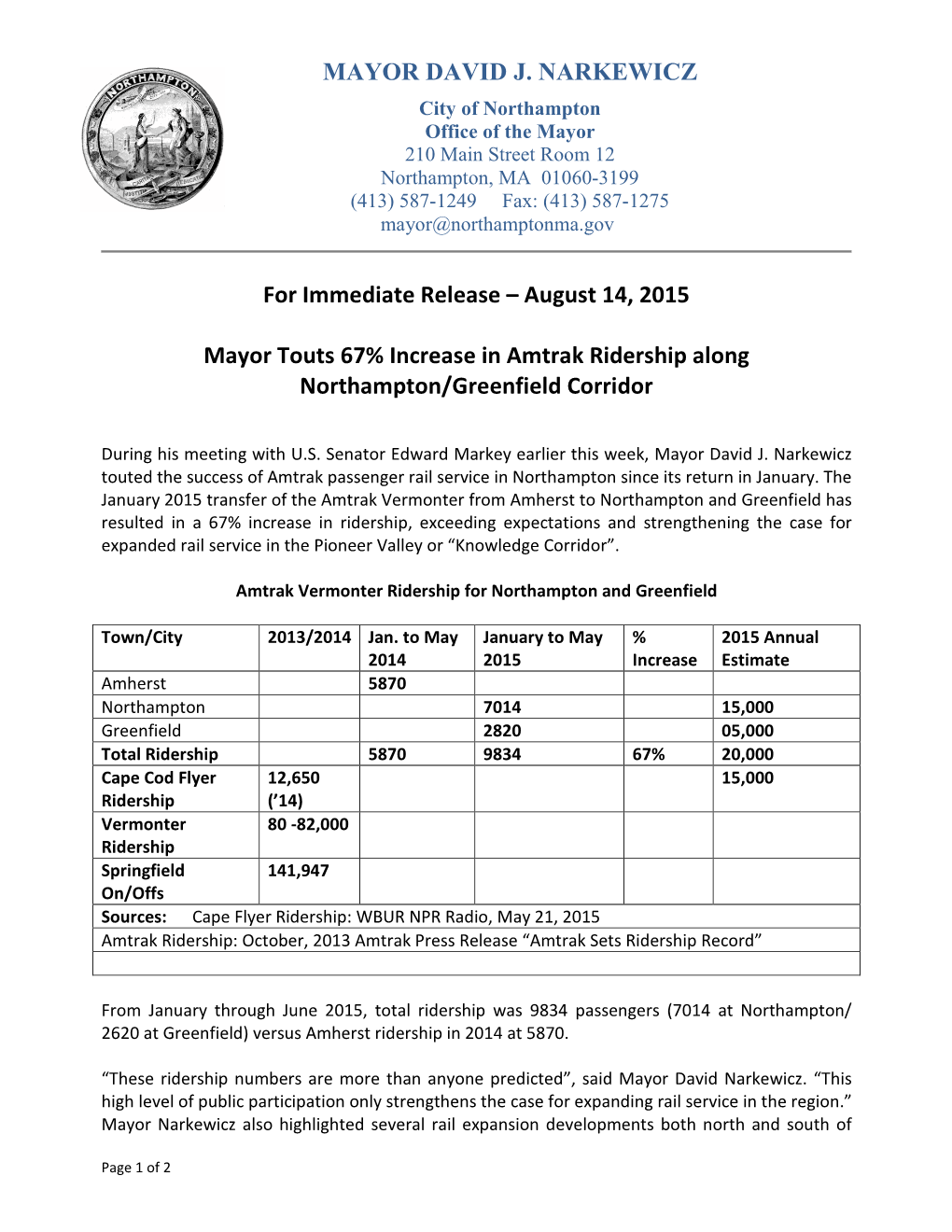 August 14, 2015 Mayor Touts 67% Increase in Amtrak Ridership Along