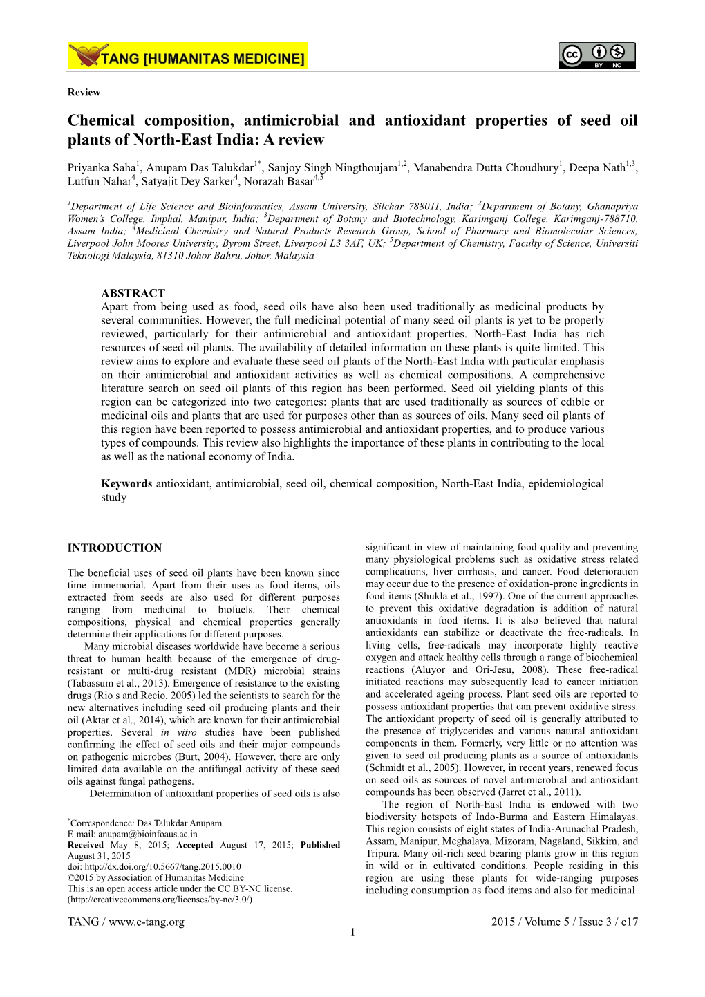 Chemical Composition, Antimicrobial and Antioxidant Properties of Seed Oil Plants of North-East India: a Review