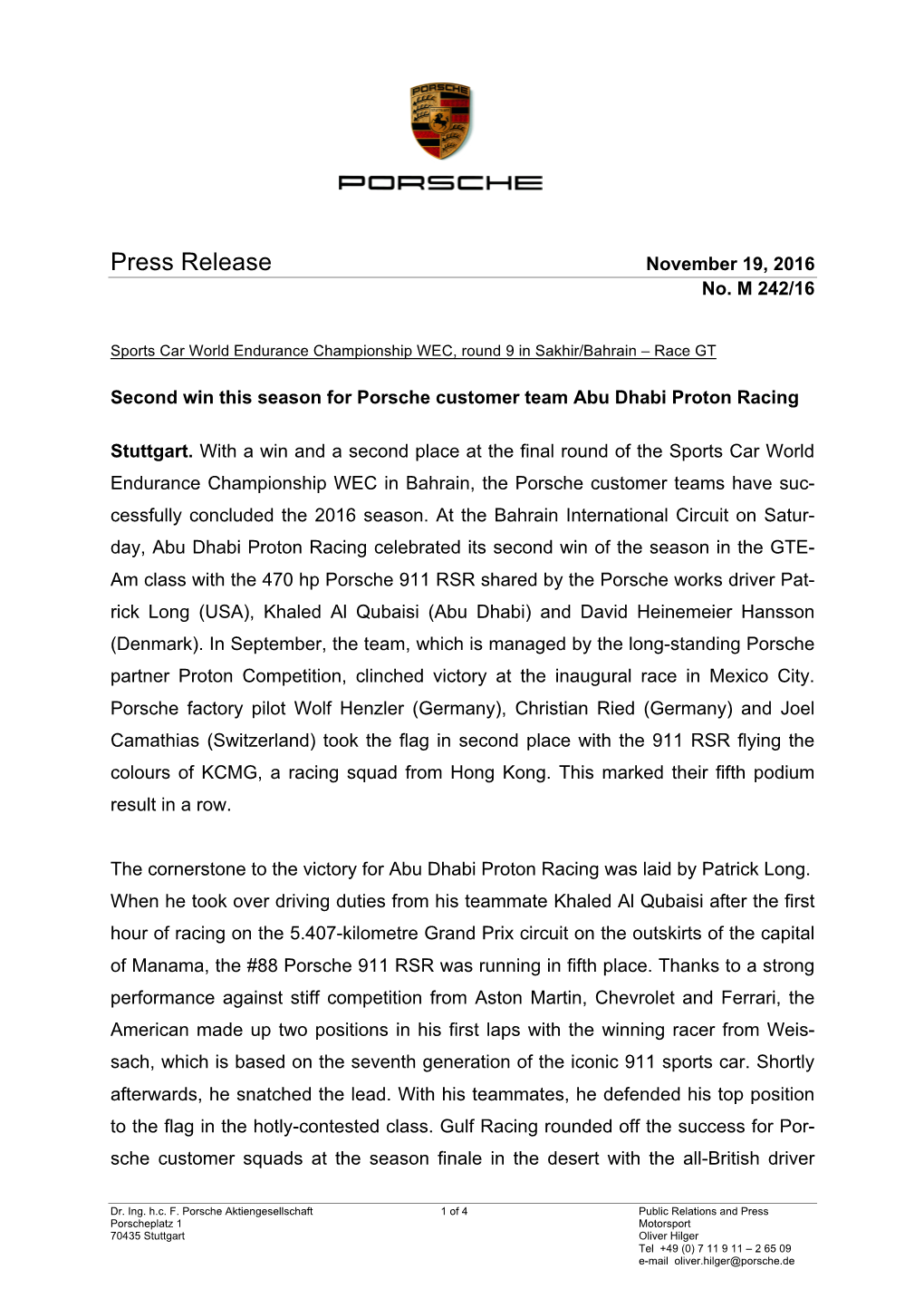 Press Release November 19, 2016 No