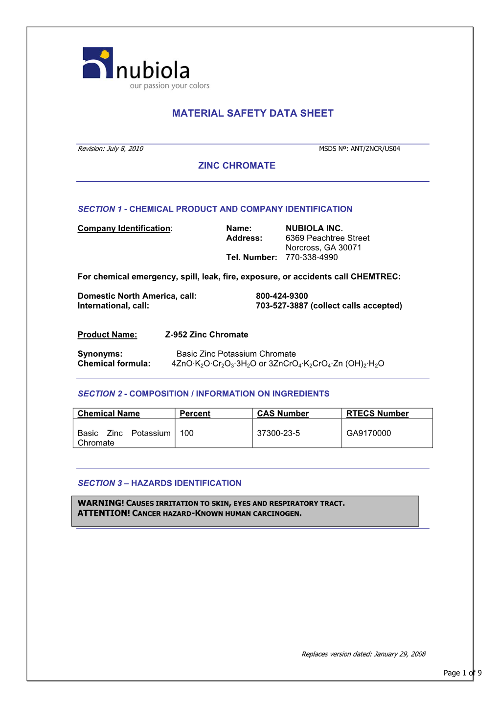 Material Safety Data Sheet