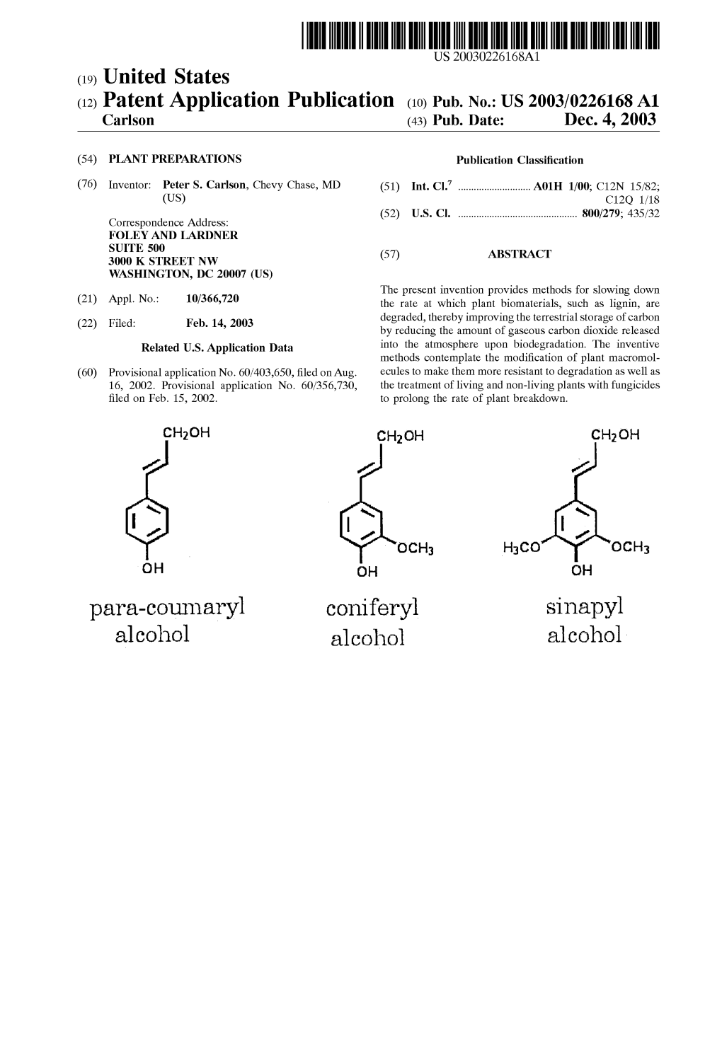 Para-Coumaryl Coniferyl Sinapyl Alcohol Alcohol Alcohol Patent Application Publication Dec