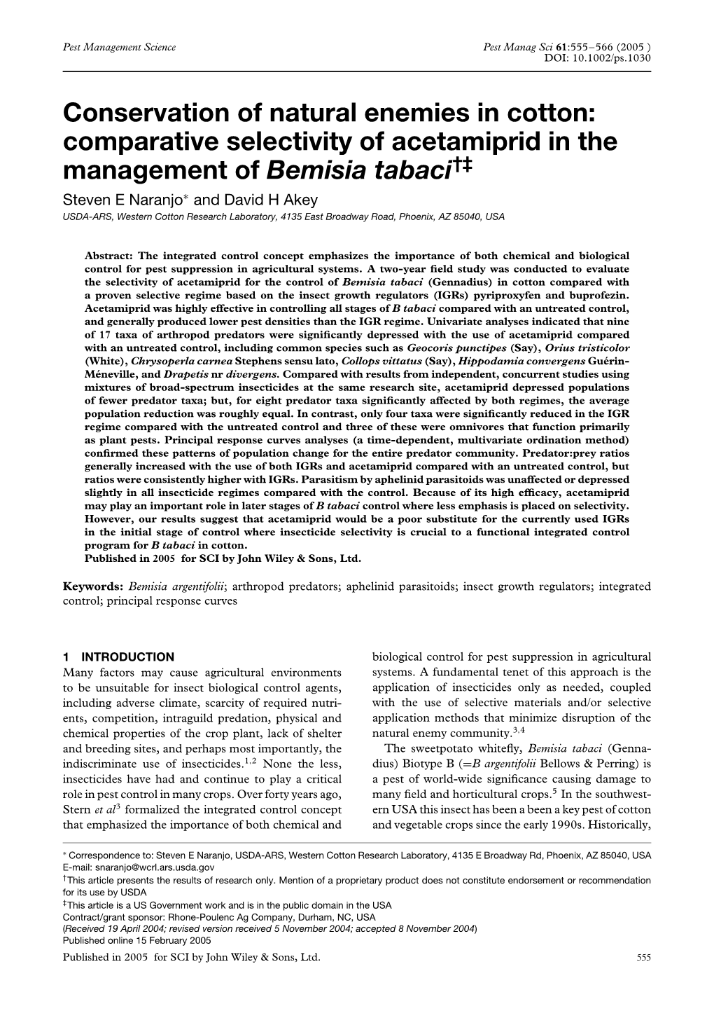 Comparative Selectivity of Acetamiprid in the Management Of