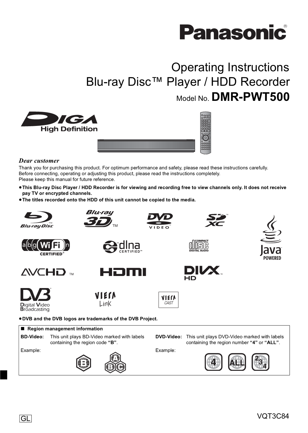 Operating Instructions Blu-Ray Disc™ Player / HDD Recorder Model No