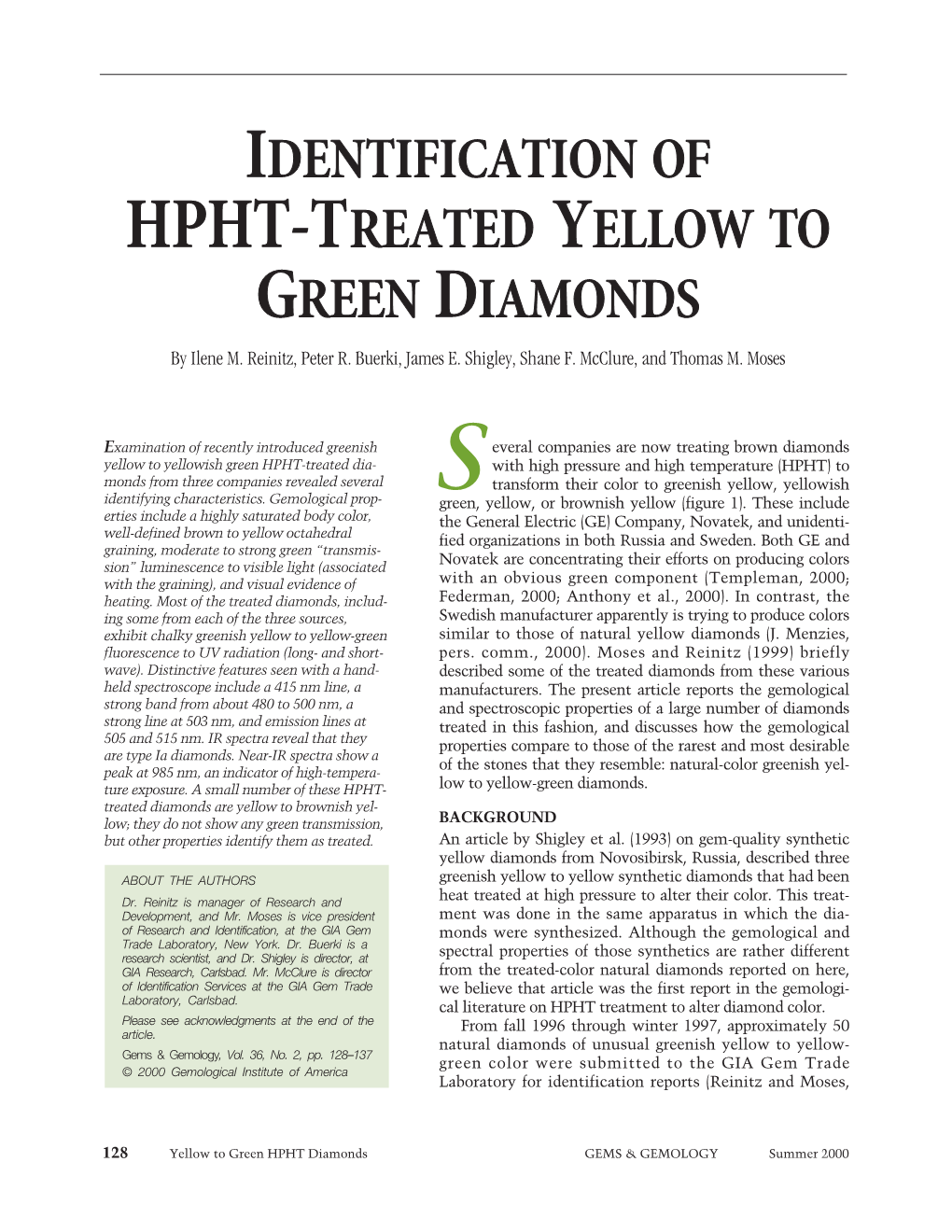 IDENTIFICATION of HPHT-TREATED YELLOW to GREEN DIAMONDS by Ilene M