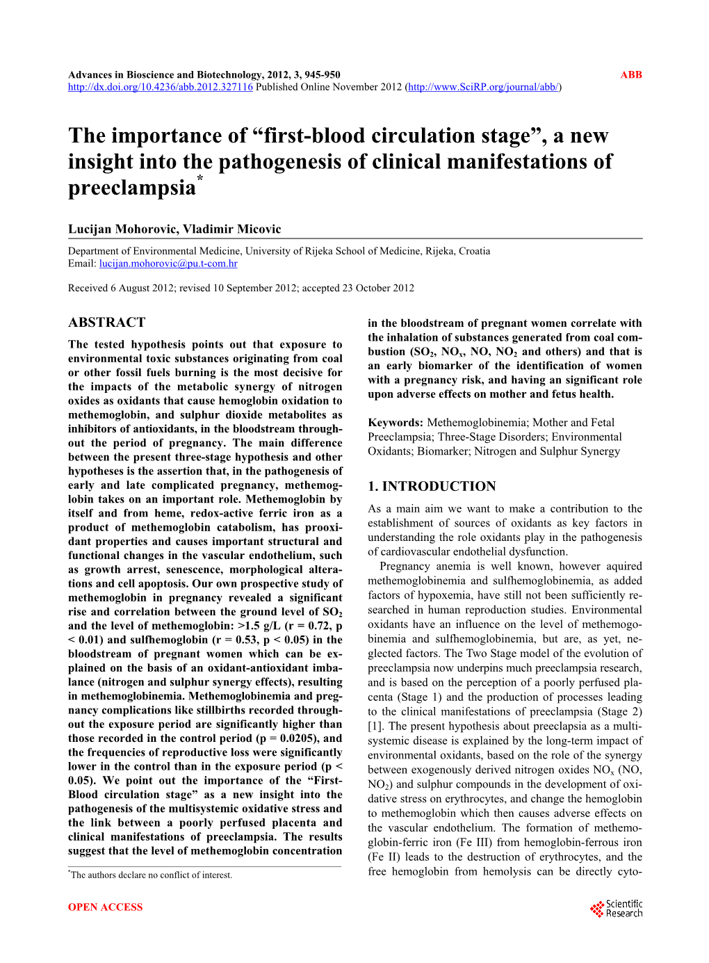 “First-Blood Circulation Stage”, a New Insight Into the Pathogenesis of Clinical Manifestations of Preeclampsia*