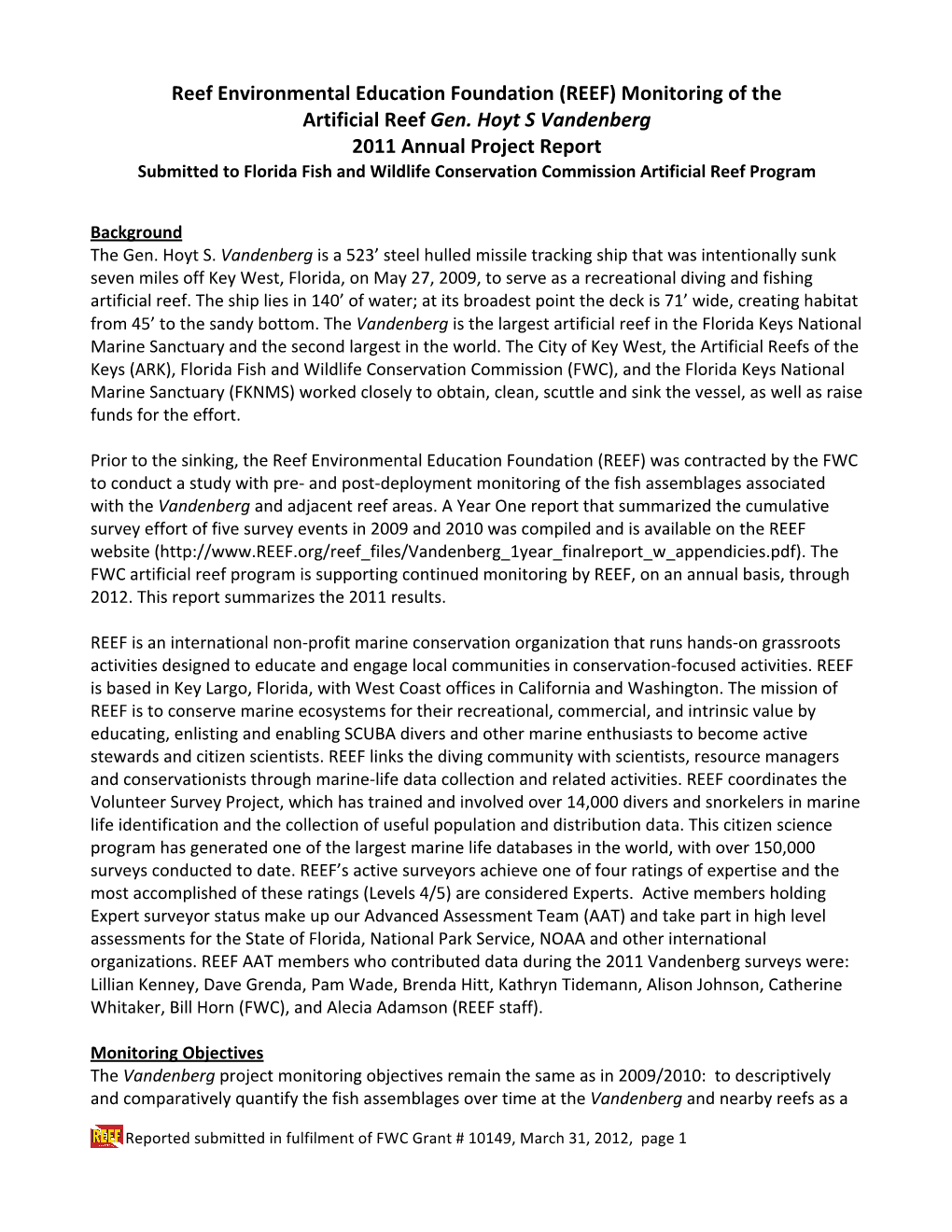 (REEF) Monitoring of the Artificial Reef Gen