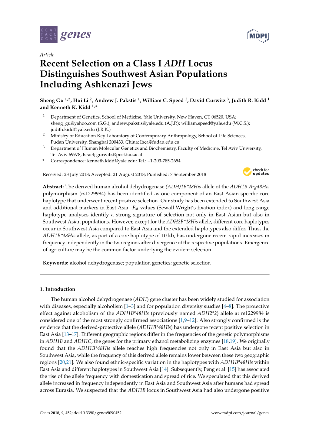 Recent Selection on a Class I ADH Locus Distinguishes Southwest Asian Populations Including Ashkenazi Jews