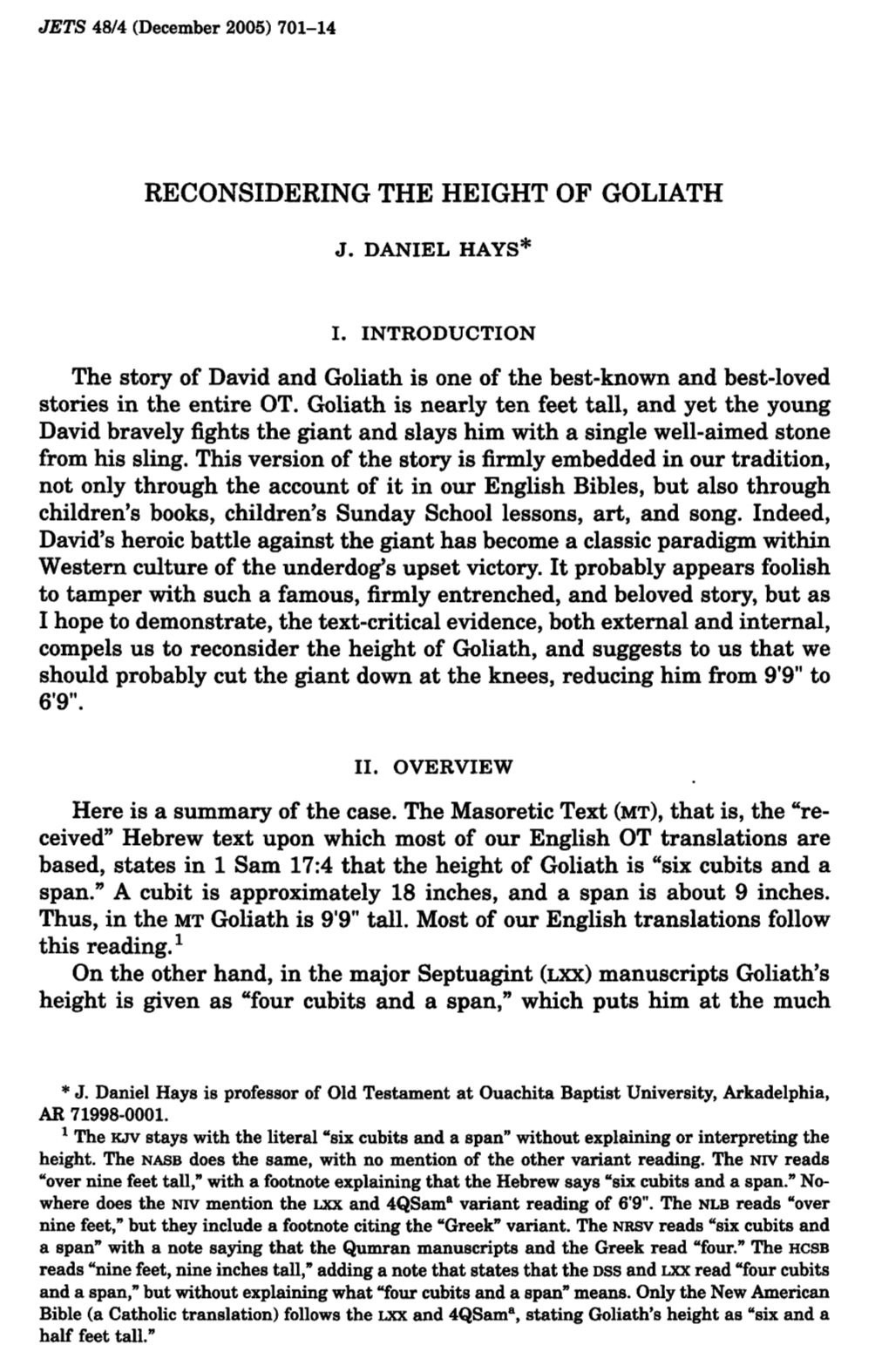 RECONSIDERING the HEIGHT of GOLIATH the Story of David And