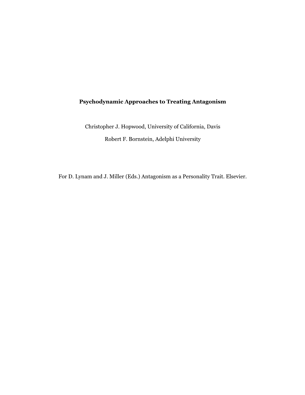 Psychodynamic Approaches to Treating Antagonism