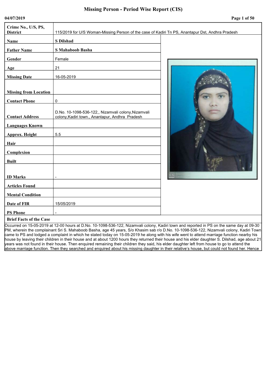 Missing Person - Period Wise Report (CIS) 04/07/2019 Page 1 of 50