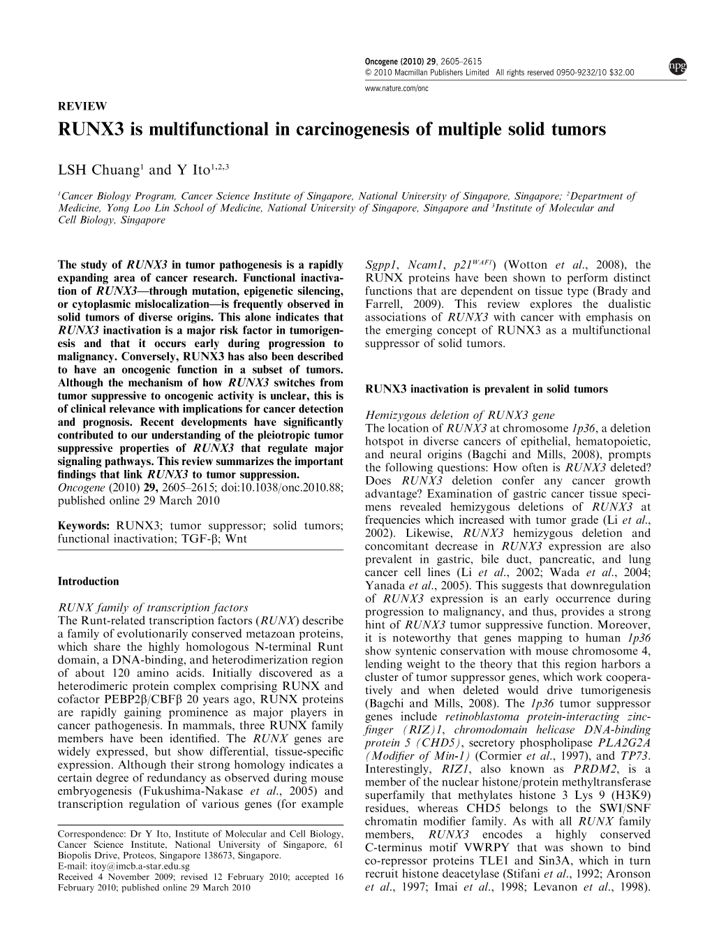 RUNX3 Is Multifunctional in Carcinogenesis of Multiple Solid Tumors