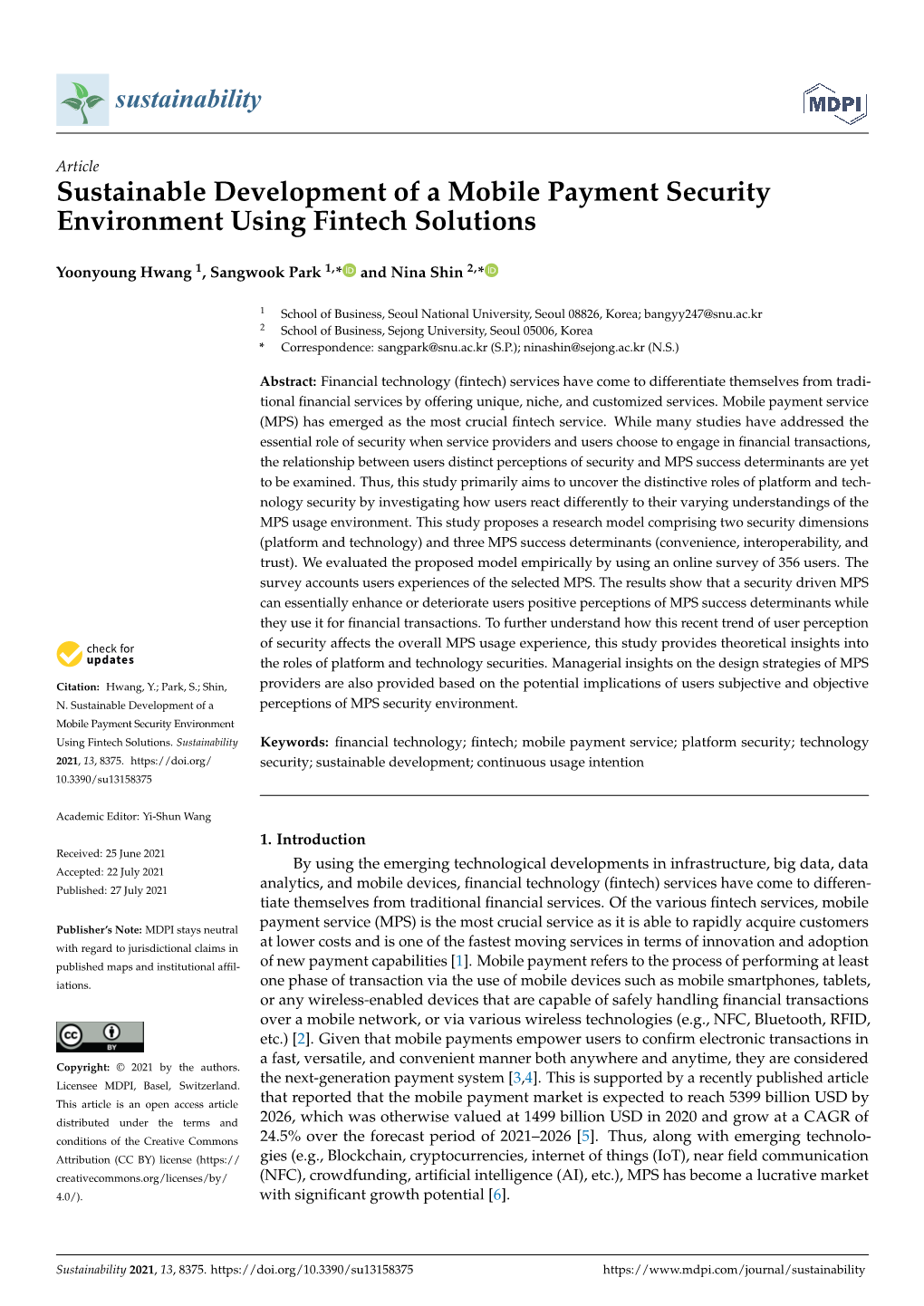 Sustainable Development of a Mobile Payment Security Environment Using Fintech Solutions