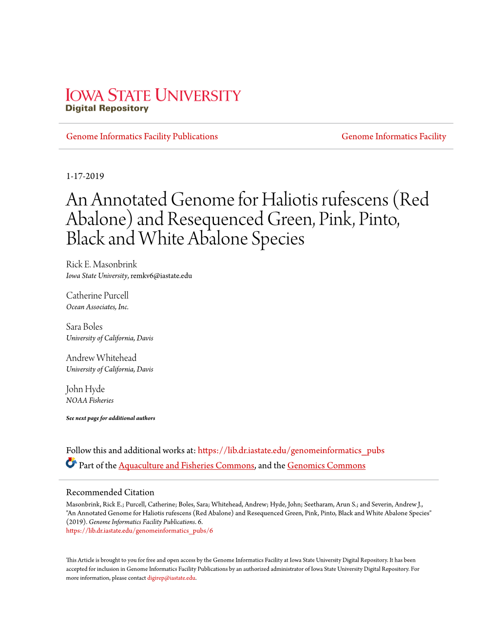 An Annotated Genome for Haliotis Rufescens (Red Abalone) and Resequenced Green, Pink, Pinto, Black and White Abalone Species Rick E