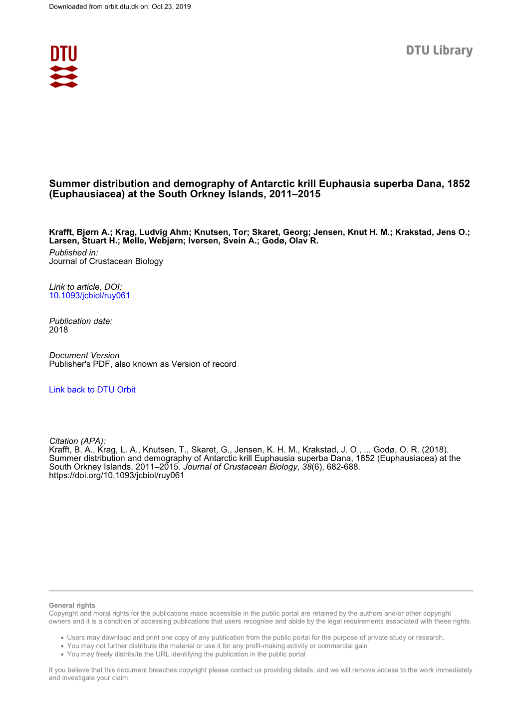 Summer Distribution and Demography of Antarctic Krill Euphausia Superba Dana, 1852 (Euphausiacea) at the South Orkney Islands, 2011–2015