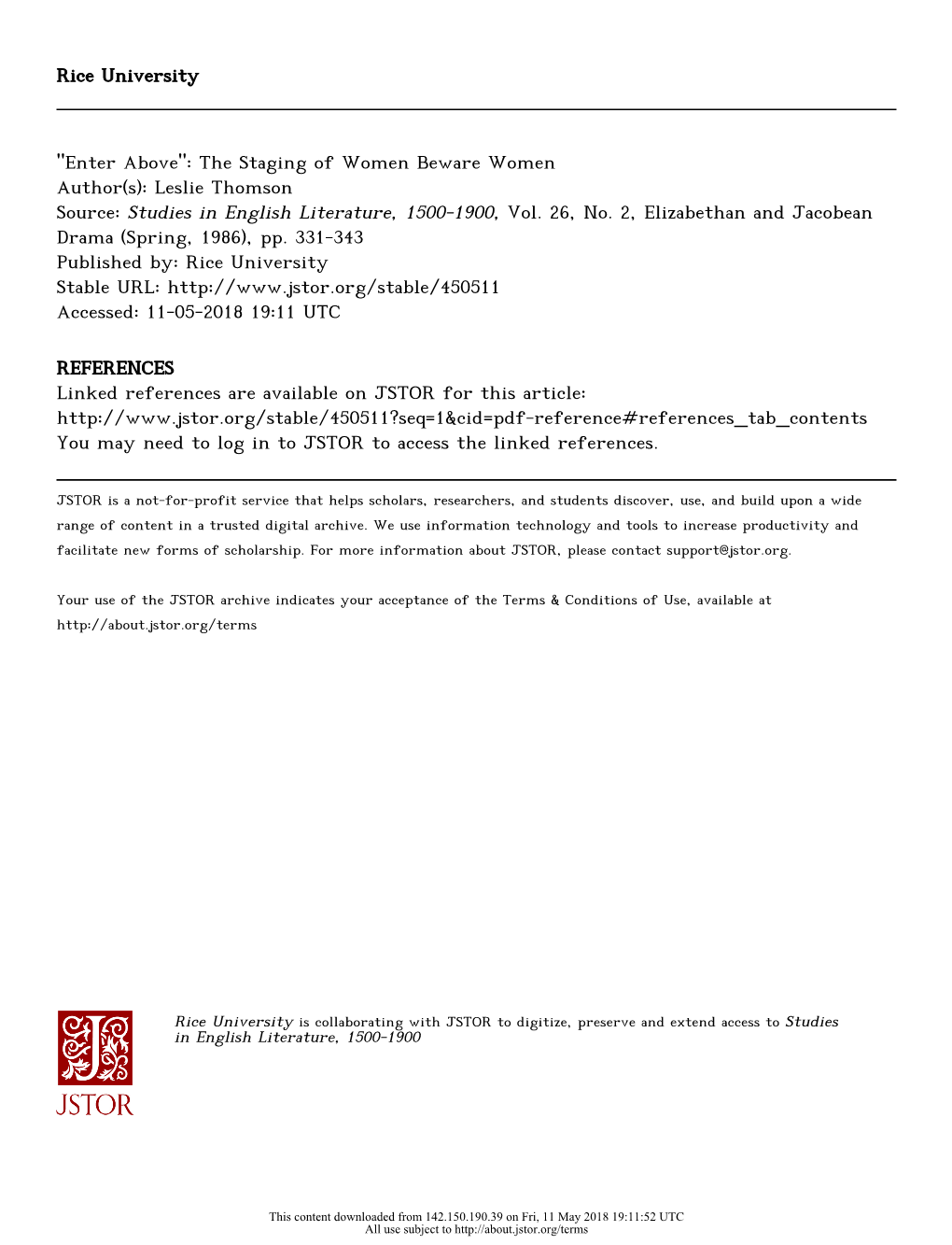 Enter Above": the Staging of Women Beware Women Author(S): Leslie Thomson Source: Studies in English Literature, 1500-1900, Vol