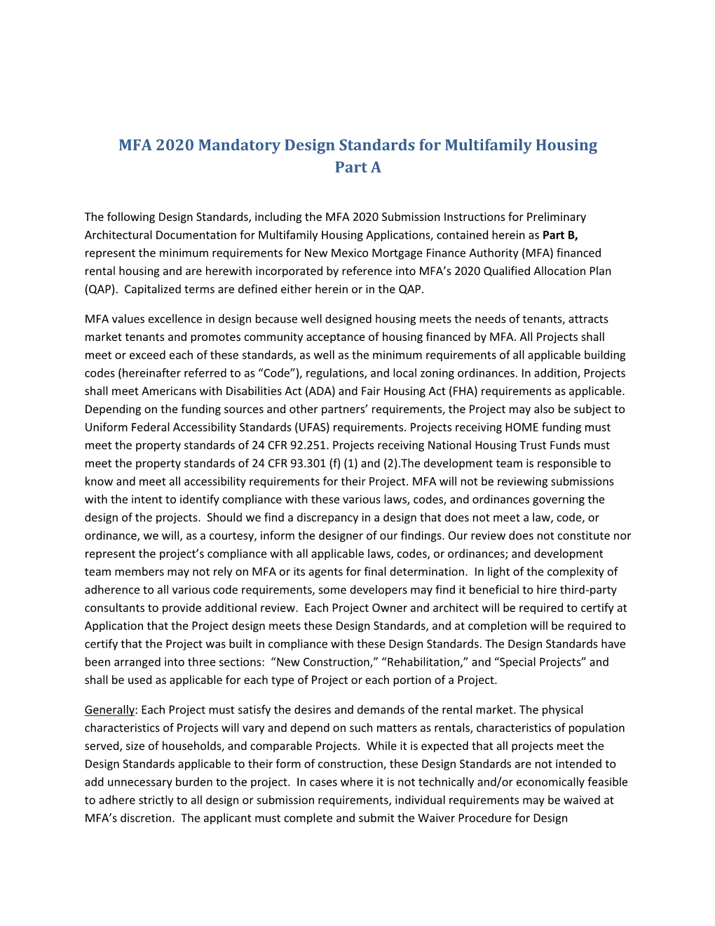 2020 Mandatory Design Standards for Multifamily Housing Part A