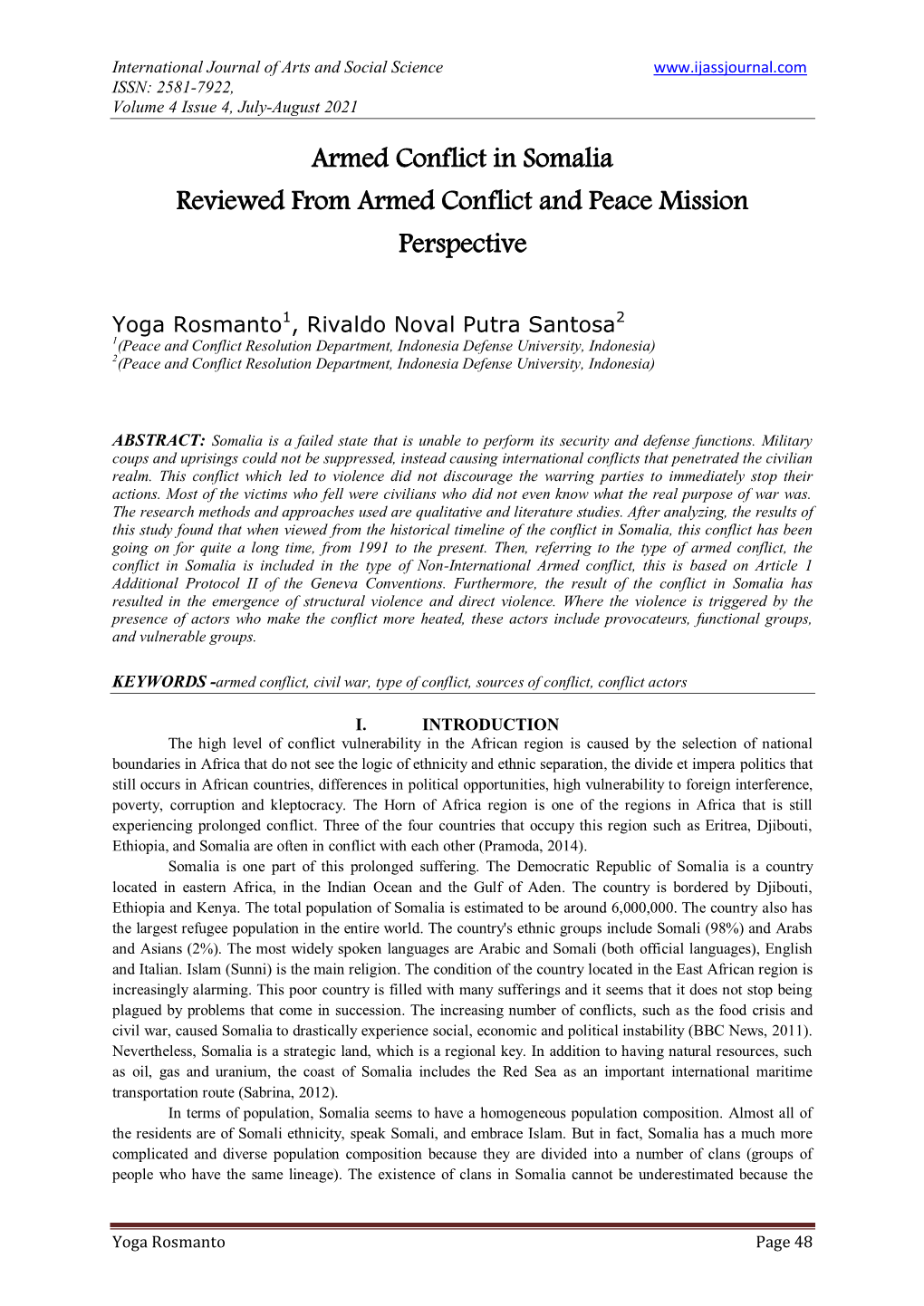 Armed Conflict in Somalia Reviewed from Armed Conflict and Peace Mission Perspective