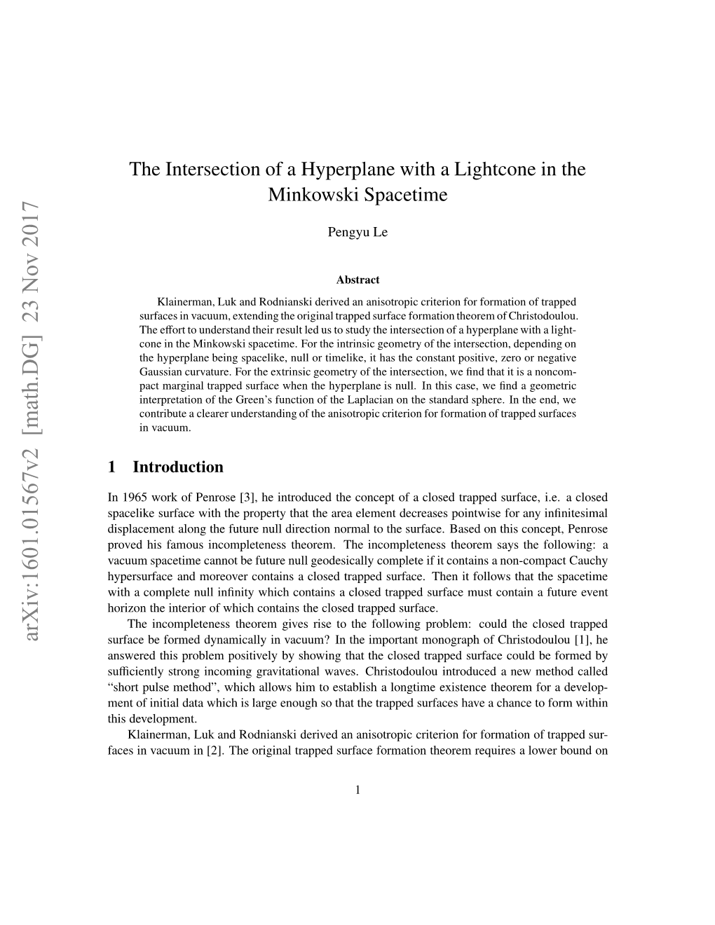 The Intersection of a Hyperplane with a Lightcone in the Minkowski