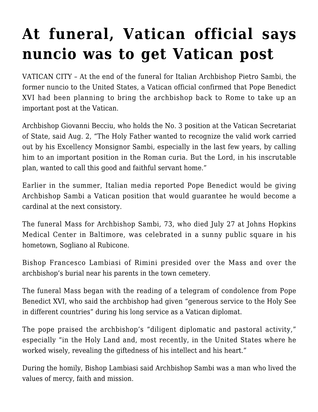 At Funeral, Vatican Official Says Nuncio Was to Get Vatican Post