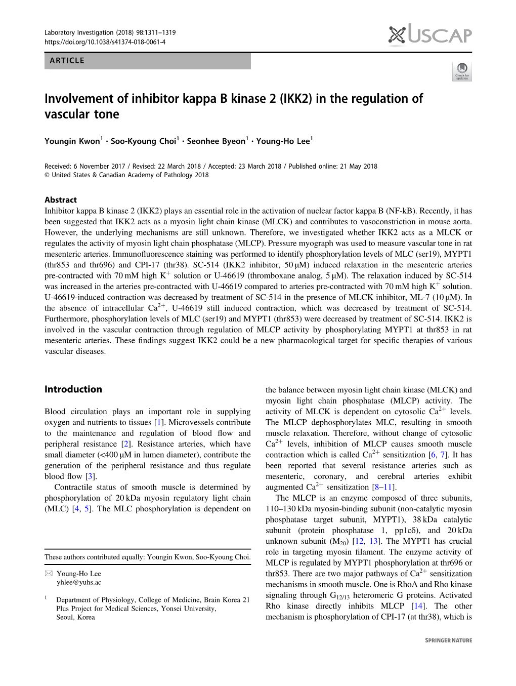 Involvement of Inhibitor Kappa B Kinase 2 (IKK2) in the Regulation of Vascular Tone