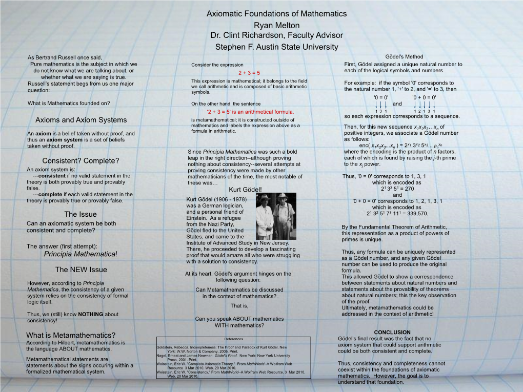 Axiomatic Foundations of Mathematics Ryan Melton Dr