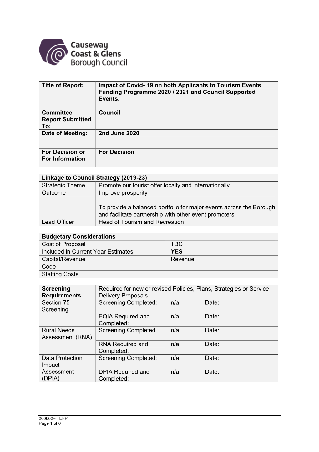 Title of Report: Impact of Covid- 19 on Both Applicants to Tourism Events Funding Programme 2020 / 2021 and Council Supported Events