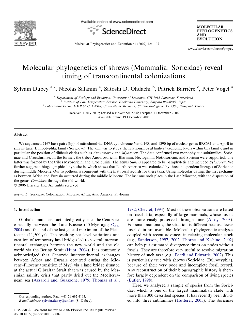 Molecular Phylogenetics of Shrews (Mammalia: Soricidae) Reveal Timing of Transcontinental Colonizations