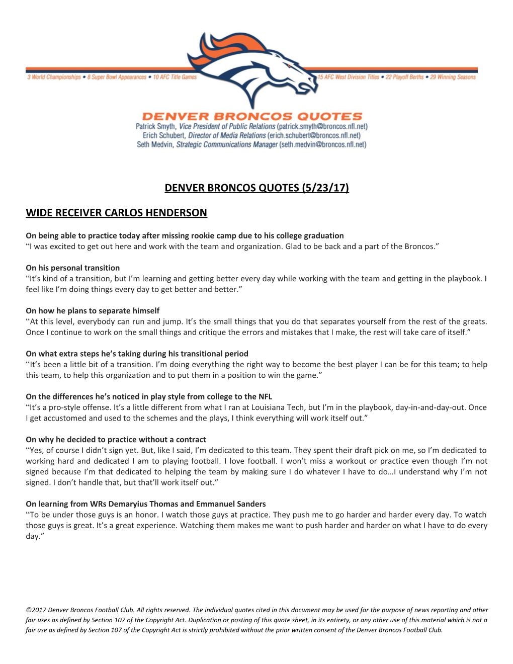 Denver Broncos Quotes (5/23/17)