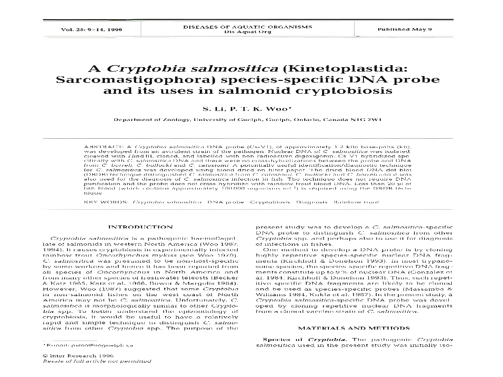 A Cryptobia Salmositica (Kinetoplastida: Sarcomastigophora) Species-Specific DNA Probe and Its Uses in Salmonid Cryptobiosis