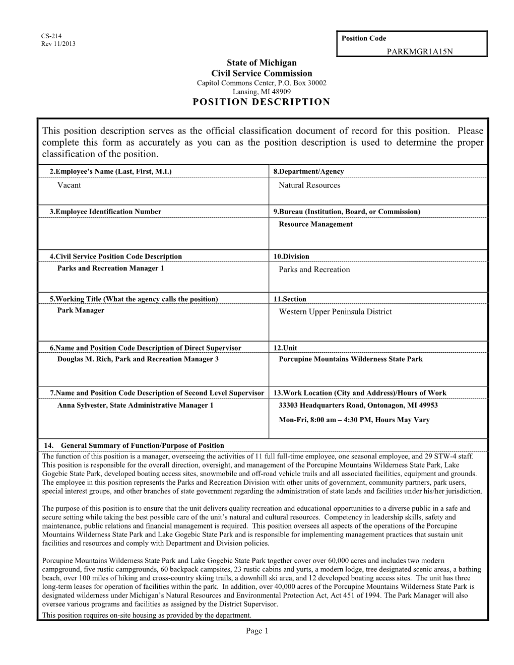 CS-214 Position Description Form