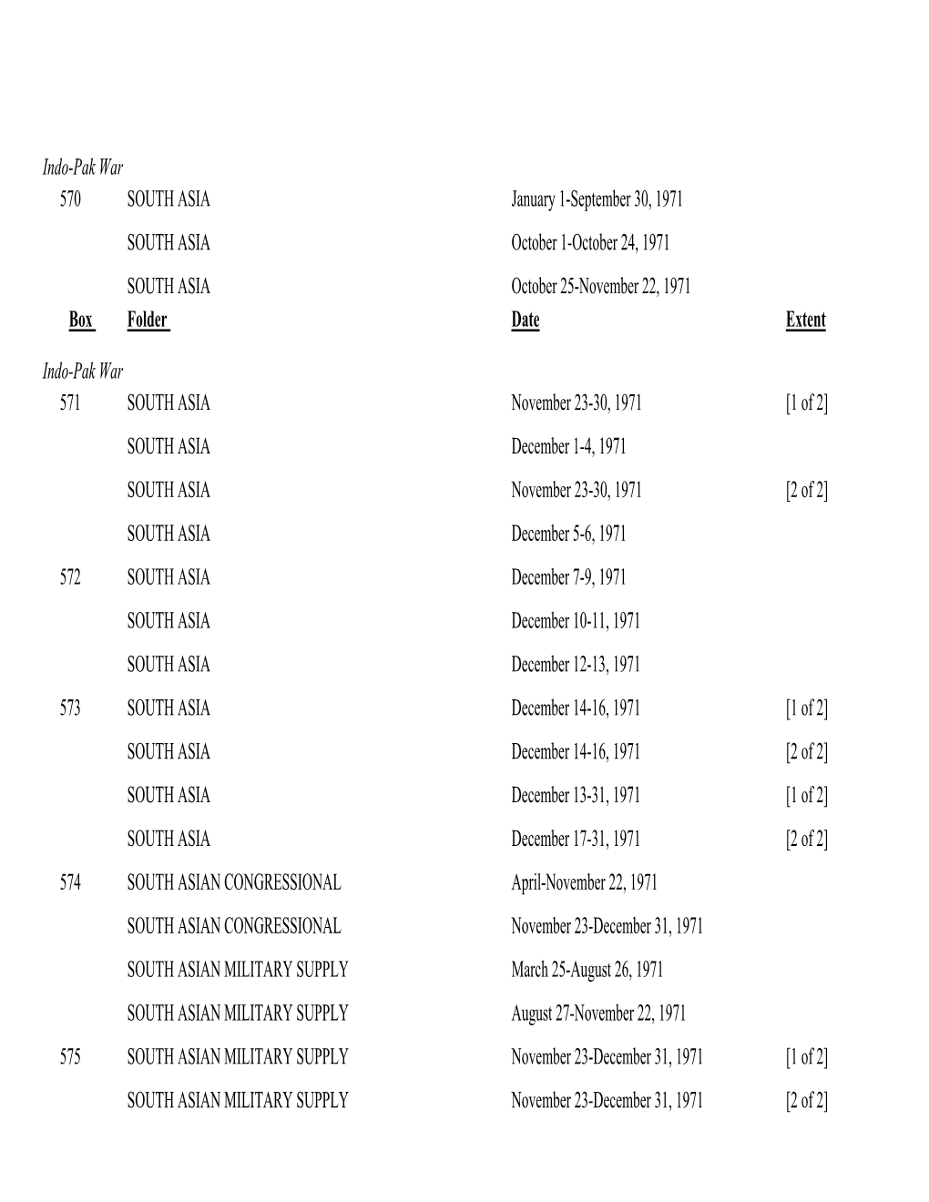Indo-Pak War 570 SOUTH ASIA January 1-September 30, 1971 SOUTH ASIA October 1-October 24, 1971 SOUTH ASIA October 25-November 22, 1971 Box Folder Date Extent