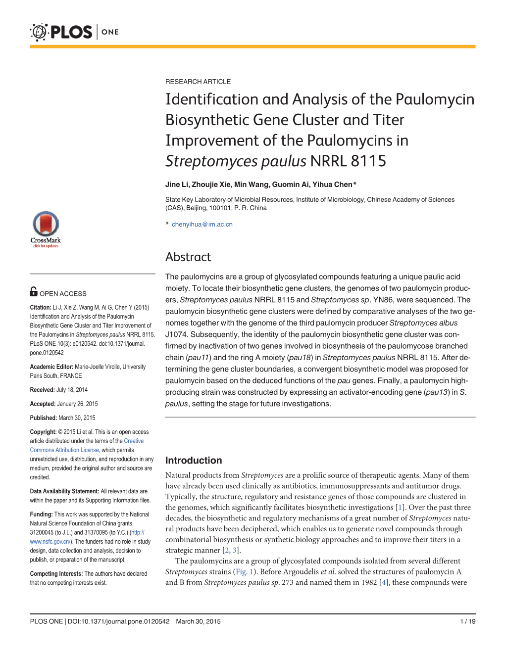 Identification and Analysis of the Paulomycin Biosynthetic Gene Cluster and Titer Improvement of the Paulomycins in Streptomyces Paulus NRRL 8115