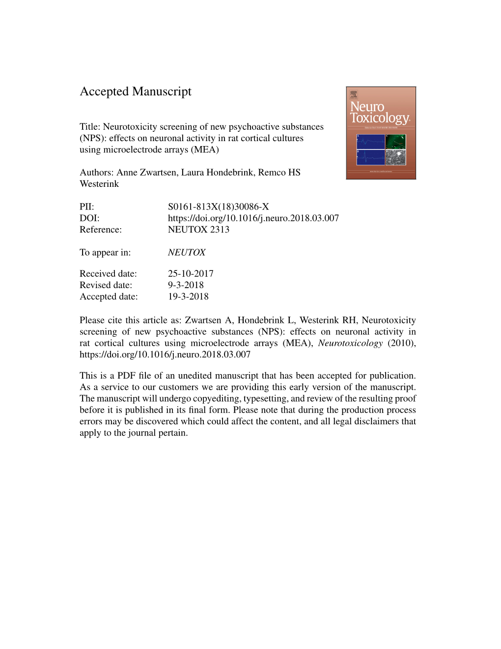 Neurotoxicity Screening of New Psychoactive Substances (NPS): Effects on Neuronal Activity in Rat Cortical Cultures Using Microelectrode Arrays (MEA)