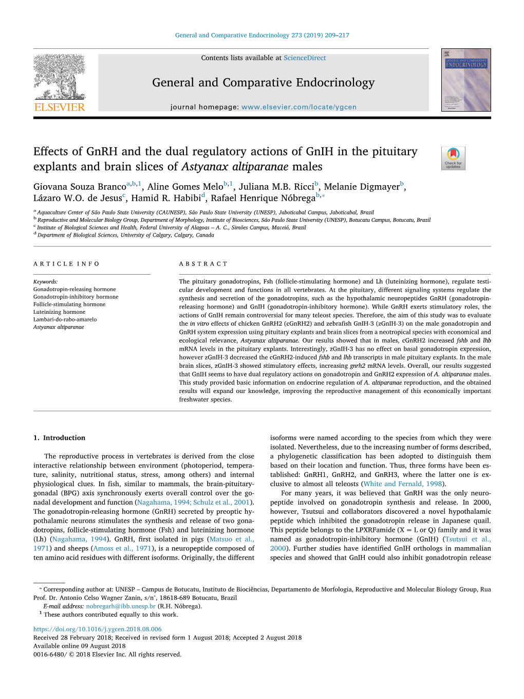 General and Comparative Endocrinology 273 (2019) 209–217