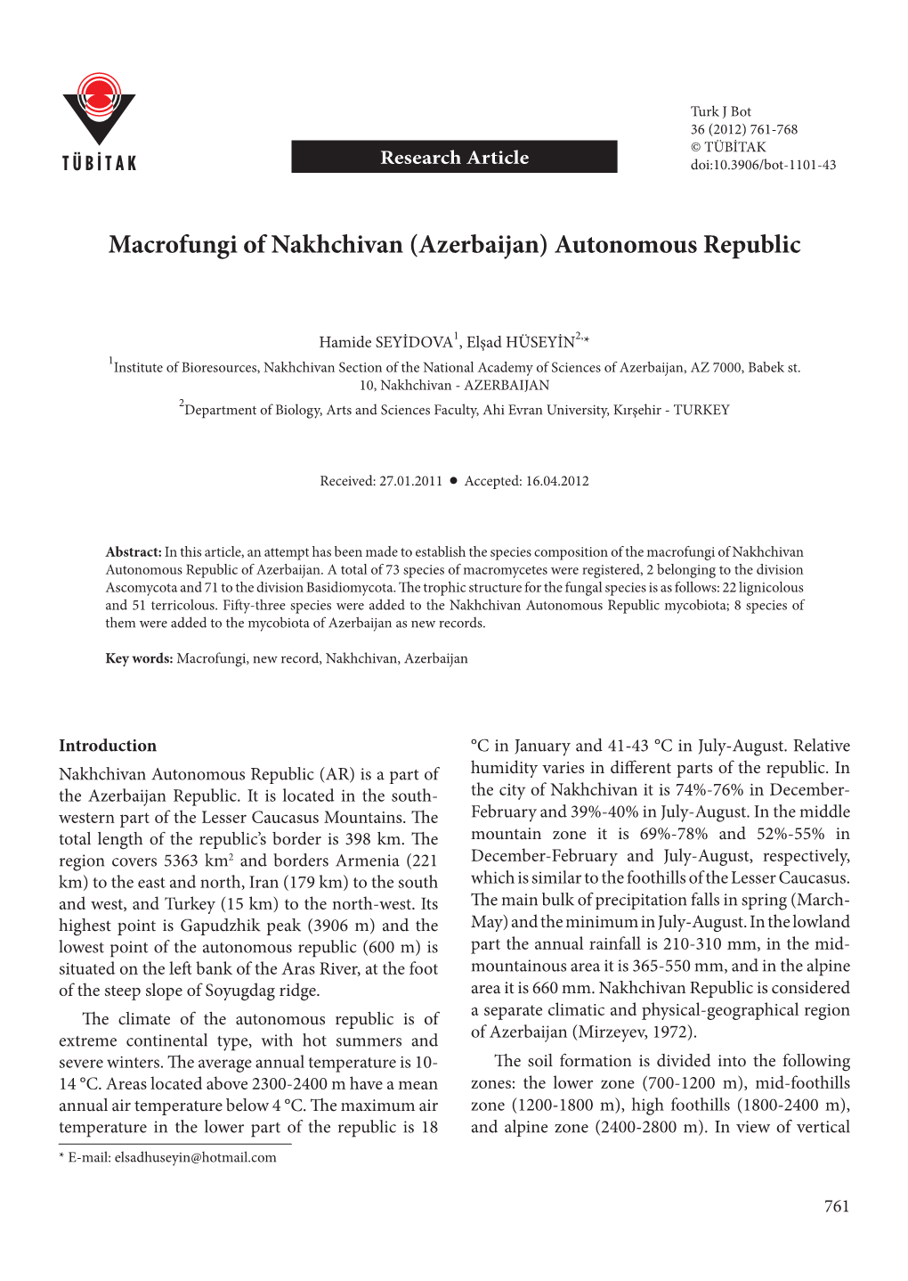 Macrofungi of Nakhchivan (Azerbaijan) Autonomous Republic